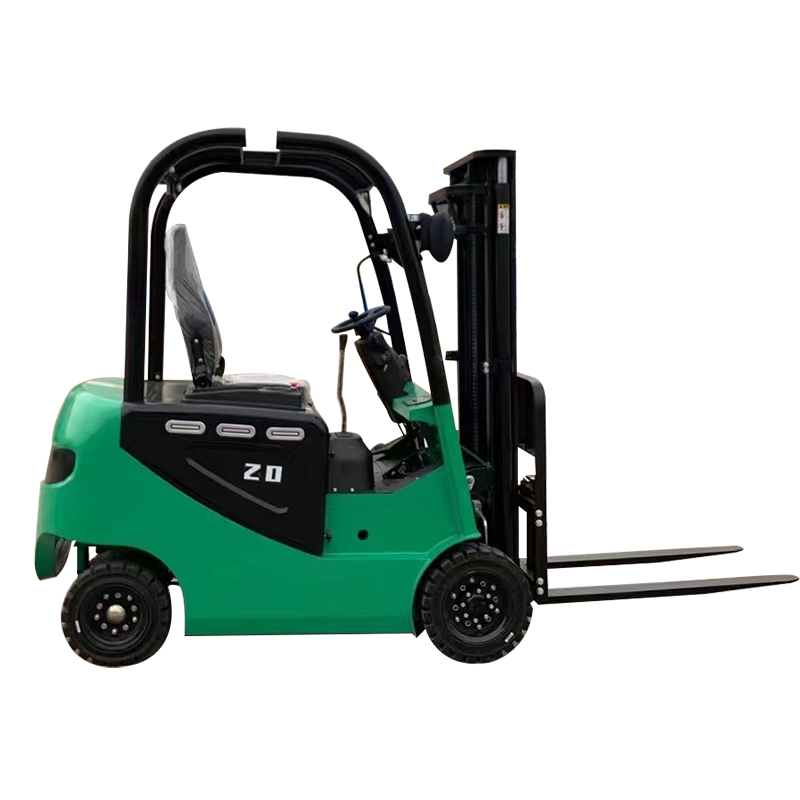 Green electric forklift isolated on black background