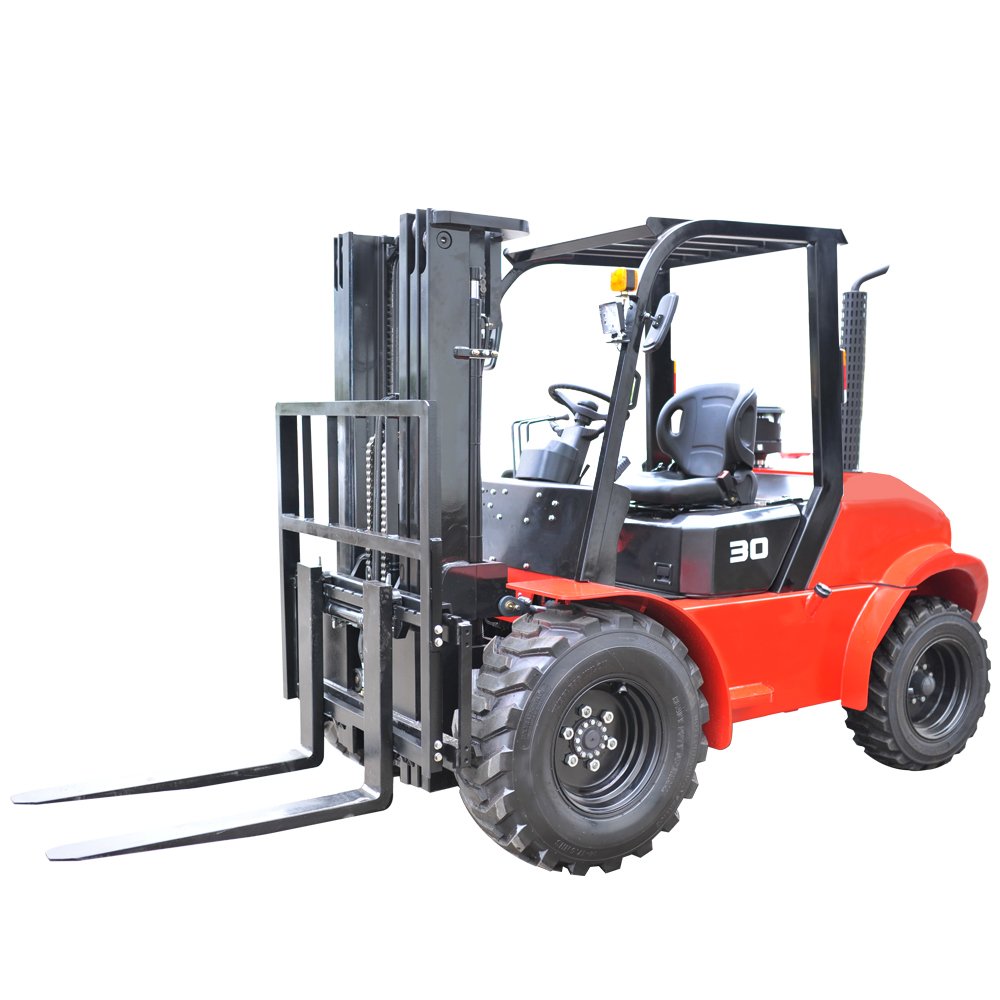 Red forklift with extended forks isolated on white