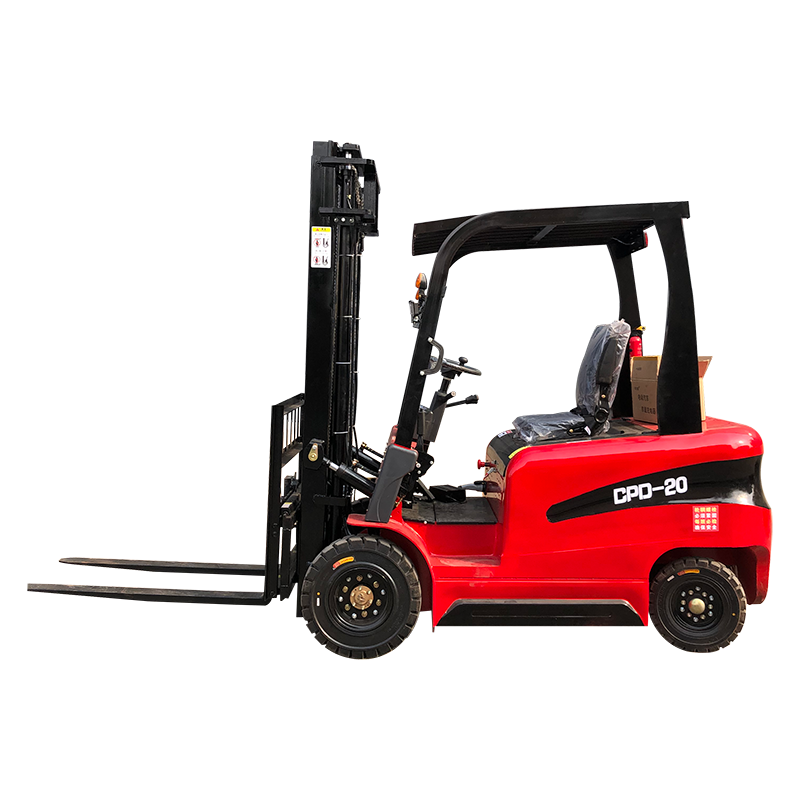 Red electric forklift isolated on black background