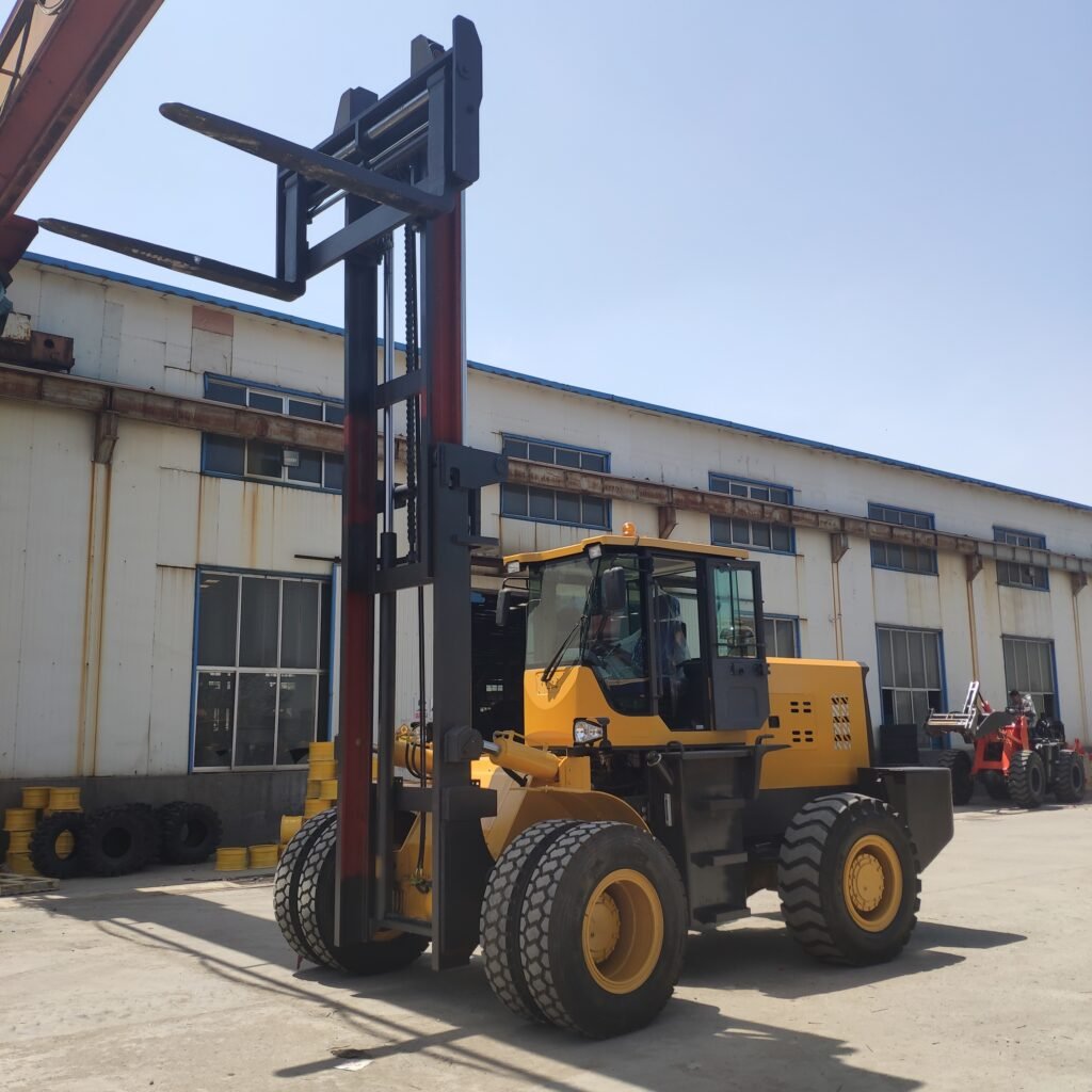 Yellow forklift in front of industrial building