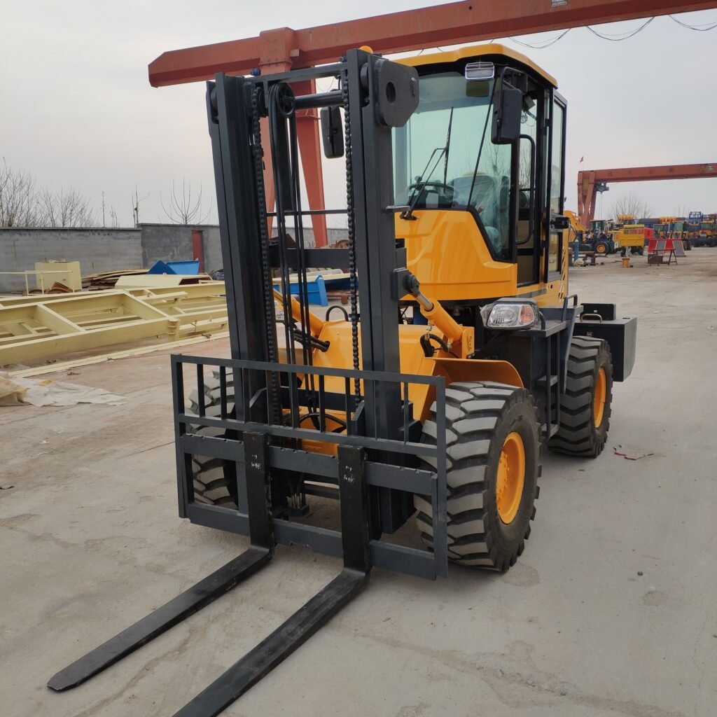 Large yellow forklift at industrial site